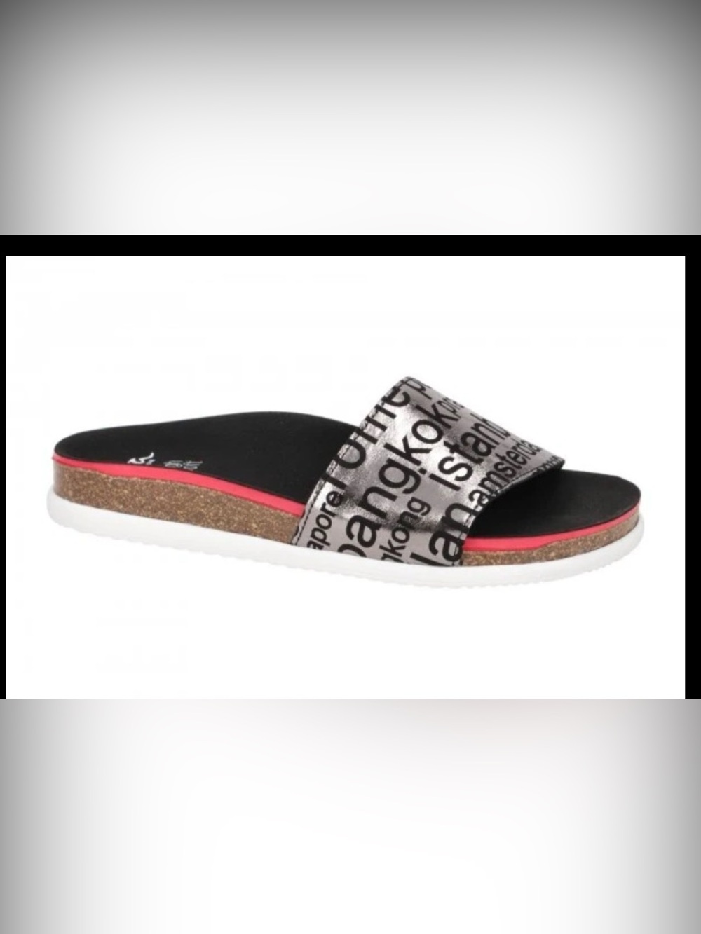 ARA Black Cork Slide Sandals with Silver Text-Print Strap